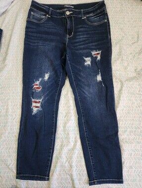Maurices Dark Blue Distressed Boyfriend Jeans with Red Patch Detail